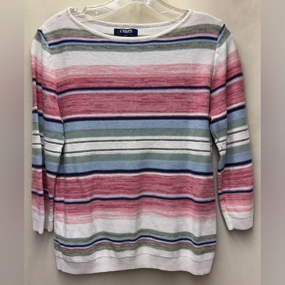 CHAPS Women’s Linen Cotton Blend Striped Crew Neck 3/4 Sleeve Sweater Medium